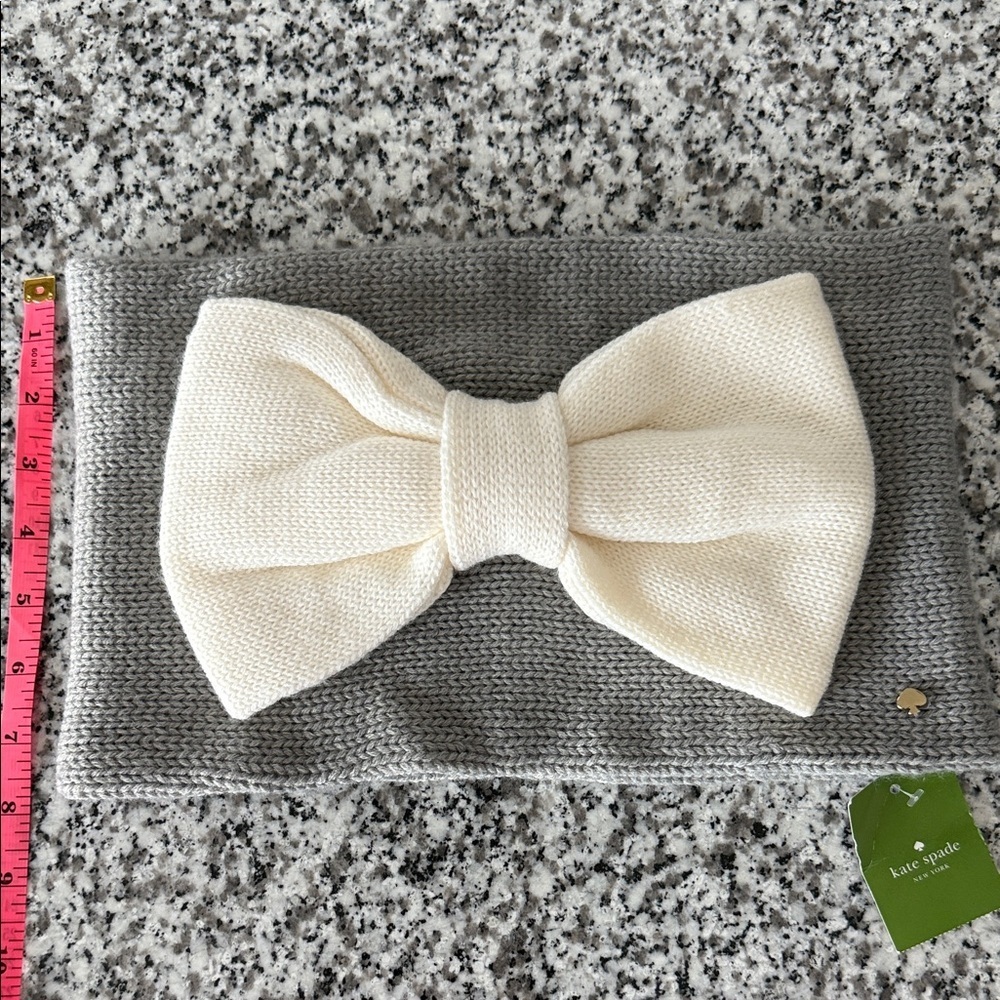 Kate Spade Gray Wool Blend Knit Infinity Scarf Accented with a Large Cream Bow